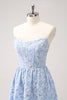 Load image into Gallery viewer, Blue Floral Strapless A-Line High Low Bridesmaid Dress