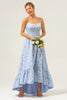 Load image into Gallery viewer, Blue Floral Strapless A-Line High Low Bridesmaid Dress