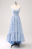 A-Line Blue Floral Strapless High Low Bridesmaid Dress