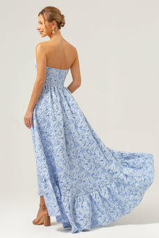 A-Line Blue Floral Strapless High Low Bridesmaid Dress