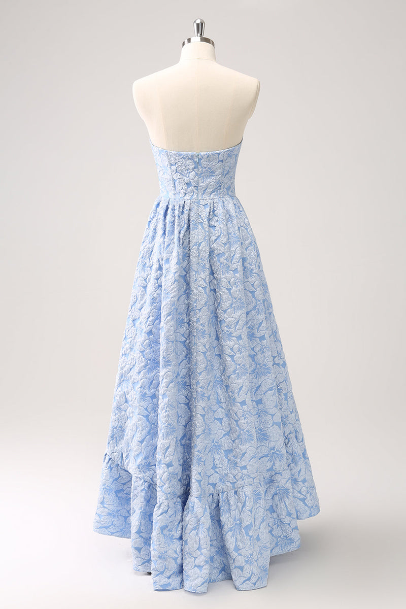 Load image into Gallery viewer, Blue Floral Strapless A-Line High Low Bridesmaid Dress