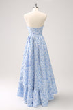 A-Line Blue Floral Strapless High Low Bridesmaid Dress
