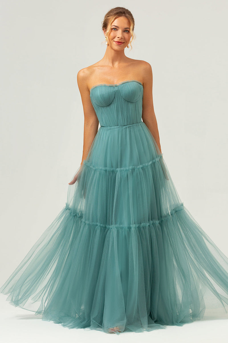 Load image into Gallery viewer, A-Line Strapless Corset Tulle Eucalyptus Bridesmaid Dress