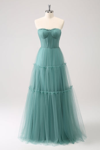 A-Line Strapless Corset Tulle Eucalyptus Bridesmaid Dress