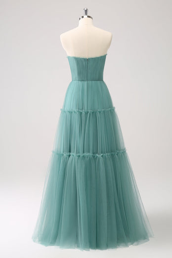 A-Line Strapless Corset Tulle Eucalyptus Bridesmaid Dress