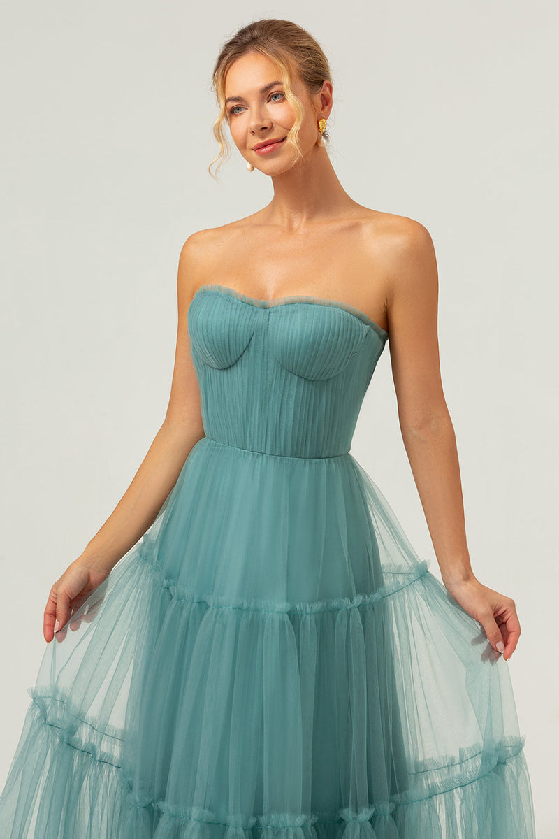 Load image into Gallery viewer, A-Line Strapless Corset Tulle Eucalyptus Bridesmaid Dress