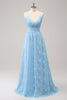 Load image into Gallery viewer, Sparkly Light Blue V-Neck Pleated Bridesmaid Dress with Embroidery