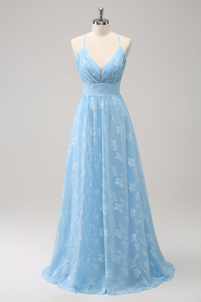 Load image into Gallery viewer, Sparkly Pleated Light Blue Long Bridesmaid Dress with Embroidery