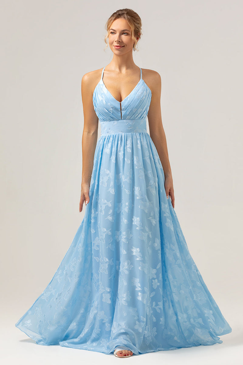 Load image into Gallery viewer, Sparkly Pleated Light Blue Long Bridesmaid Dress with Embroidery