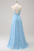 Load image into Gallery viewer, Sparkly Light Blue V-Neck Pleated Bridesmaid Dress with Embroidery