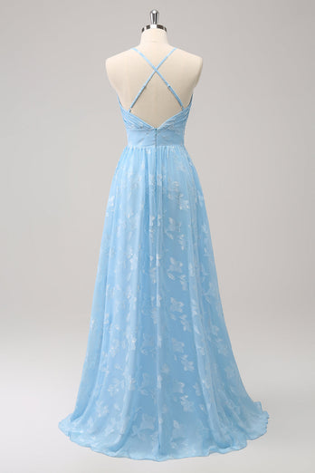 Sparkly Pleated Light Blue Long Bridesmaid Dress with Embroidery