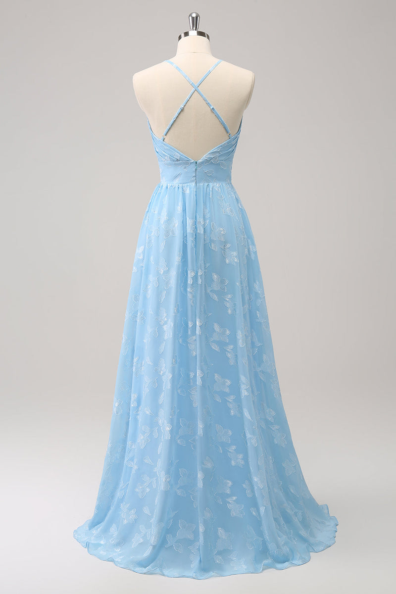 Load image into Gallery viewer, Sparkly Pleated Light Blue Long Bridesmaid Dress with Embroidery