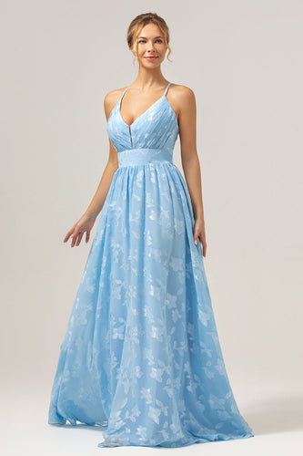 Sparkly Pleated Light Blue Long Bridesmaid Dress with Embroidery