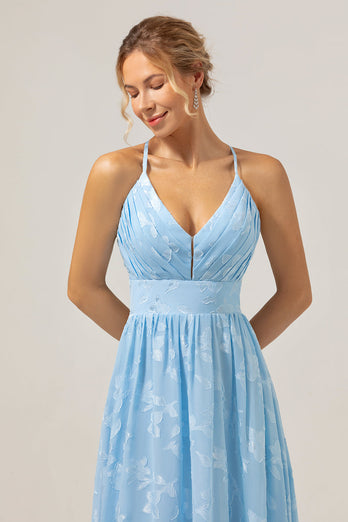 Sparkly Pleated Light Blue Long Bridesmaid Dress with Embroidery