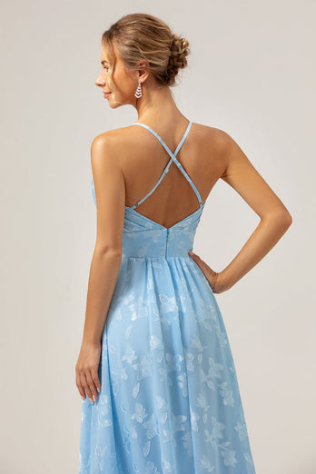 Sparkly Pleated Light Blue Long Bridesmaid Dress with Embroidery