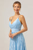 Load image into Gallery viewer, Sparkly Pleated Light Blue Long Bridesmaid Dress with Embroidery