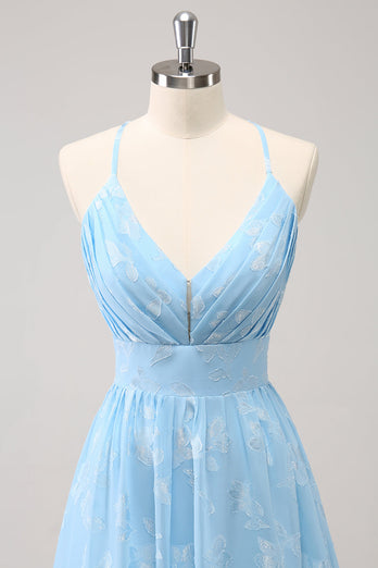 Sparkly Light Blue V-Neck Pleated Bridesmaid Dress with Embroidery