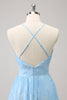 Load image into Gallery viewer, Sparkly Light Blue V-Neck Pleated Bridesmaid Dress with Embroidery