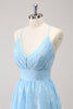 Load image into Gallery viewer, Sparkly Light Blue V-Neck Pleated Bridesmaid Dress with Embroidery