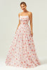 Load image into Gallery viewer, White Red Floral A Line Spaghetti Straps Corset Long Bridesmaid Dress