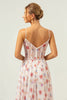 Load image into Gallery viewer, White Red Floral A Line Spaghetti Straps Corset Long Bridesmaid Dress