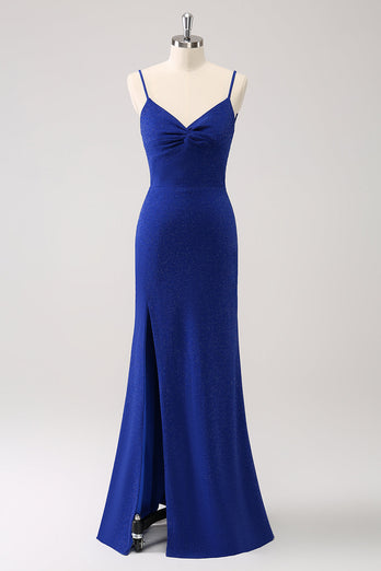 Glitter Dark Blue Mermaid Twist Front Bridesmaid Dress with Slit