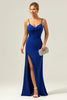 Load image into Gallery viewer, Dark Blue Sparkly Twist Front Mermaid Bridesmaid Dress with Slit