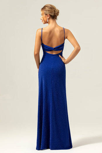 Glitter Dark Blue Mermaid Twist Front Bridesmaid Dress with Slit