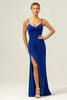 Load image into Gallery viewer, Glitter Dark Blue Mermaid Twist Front Bridesmaid Dress with Slit