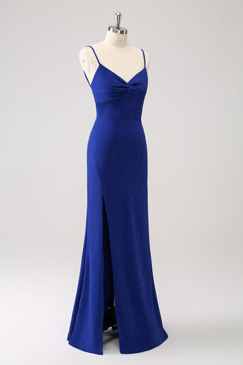 Dark Blue Sparkly Twist Front Mermaid Bridesmaid Dress with Slit