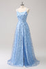 Load image into Gallery viewer, Sparkly Blue Spaghetti Straps Sequins Lace Up Back Long Prom Dress with Slit