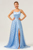 Load image into Gallery viewer, Sparkly Blue A Line Spaghetti Straps Sequins Lace Up Back Prom Dress with Slit