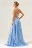 Load image into Gallery viewer, Sparkly Blue A Line Spaghetti Straps Sequins Lace Up Back Prom Dress with Slit