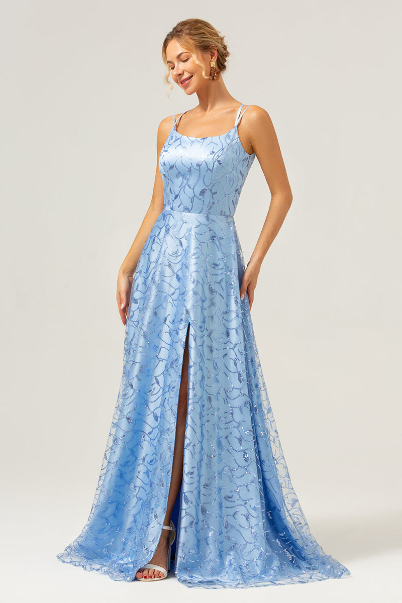 Load image into Gallery viewer, Sparkly Blue A Line Spaghetti Straps Sequins Lace Up Back Prom Dress with Slit