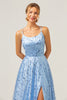 Load image into Gallery viewer, Sparkly Blue A Line Spaghetti Straps Sequins Lace Up Back Prom Dress with Slit