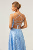 Load image into Gallery viewer, Sparkly Blue A Line Spaghetti Straps Sequins Lace Up Back Prom Dress with Slit