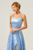 Load image into Gallery viewer, Sparkly Blue A Line Spaghetti Straps Sequins Lace Up Back Prom Dress with Slit