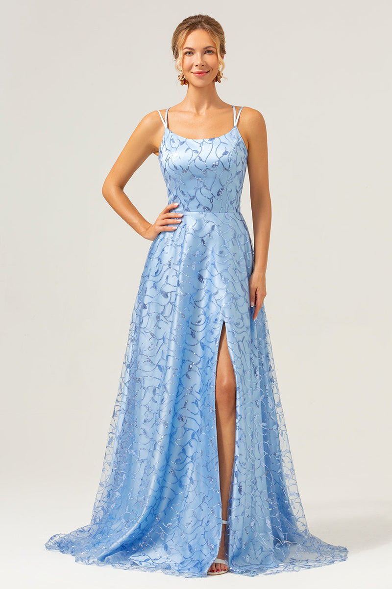 Load image into Gallery viewer, Sparkly Blue A Line Spaghetti Straps Sequins Lace Up Back Prom Dress with Slit