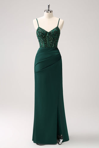 Dark Green Sheath Spaghetti Straps Satin Long Prom Dress with Slit