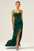 Load image into Gallery viewer, Dark Green Mermaid Spaghetti Straps Corset Satin Long Bridesmaid Dress with Slit