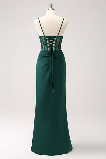 Dark Green Mermaid Spaghetti Straps Corset Satin Long Bridesmaid Dress with Slit