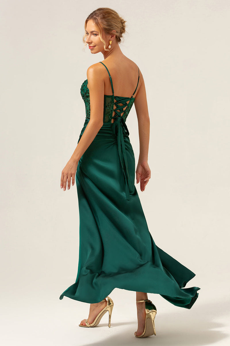 Load image into Gallery viewer, Dark Green Mermaid Spaghetti Straps Corset Satin Long Bridesmaid Dress with Slit