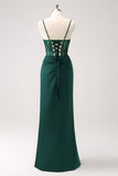 Dark Green Mermaid Spaghetti Straps Corset Satin Long Bridesmaid Dress with Slit