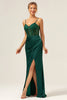 Load image into Gallery viewer, Dark Green Mermaid Spaghetti Straps Corset Satin Long Bridesmaid Dress with Slit