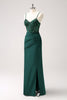 Load image into Gallery viewer, Dark Green Sheath Spaghetti Straps Satin Long Prom Dress with Slit