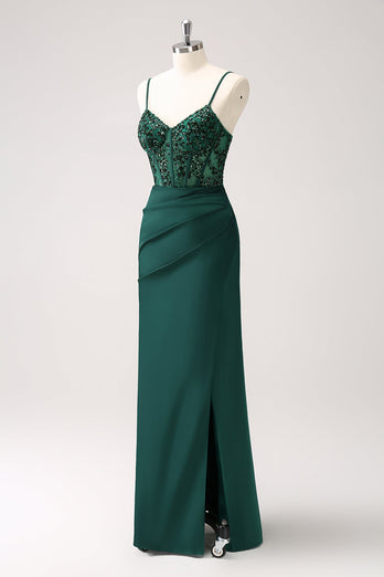 Dark Green Sheath Spaghetti Straps Satin Long Prom Dress with Slit