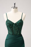 Dark Green Sheath Spaghetti Straps Satin Long Prom Dress with Slit