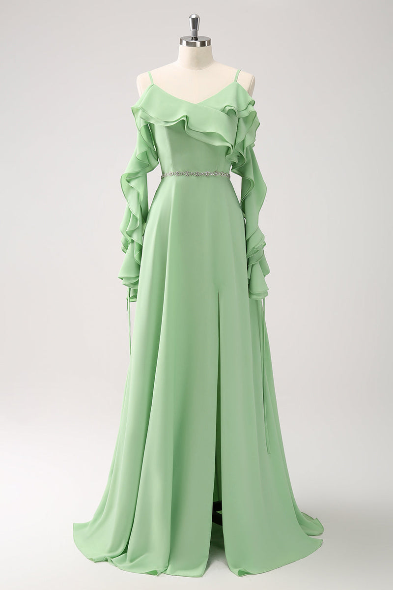 Load image into Gallery viewer, Light Green A-Line Chiffon Long Bridesmaid Dress with Ruffles