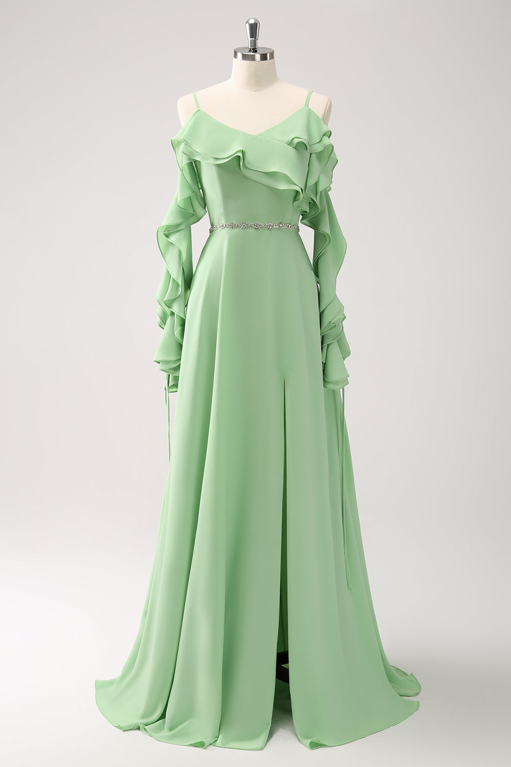 Light Green A-Line Chiffon Long Bridesmaid Dress with Ruffles