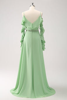 Light Green A-Line Chiffon Long Bridesmaid Dress with Ruffles